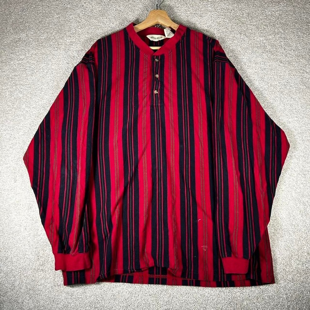 Vintage Eddie Bauer red and black striped long sleeve Henley shirt Size XL